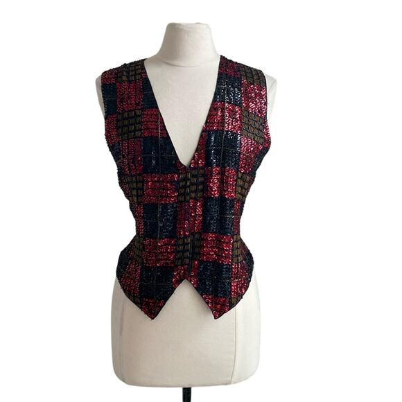 VINTAGE EVERETT COLLECTION Sequin Vest Womens Sz Medium Red Gold Cocktail - Picture 1 of 8